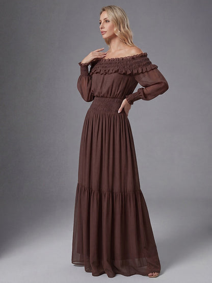 Boho Off-Shoulder Maxi Dress For Women - Brown Smocked Waist Ruffle Chiffon Tiered Long Sleeve Gown - Beach Date Night 2026