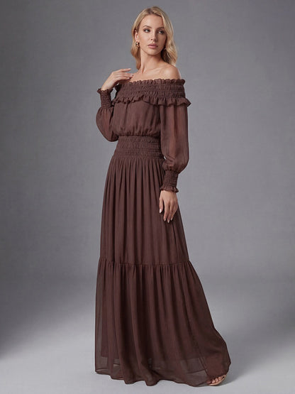 Boho Off-Shoulder Maxi Dress For Women - Brown Smocked Waist Ruffle Chiffon Tiered Long Sleeve Gown - Beach Date Night 2026