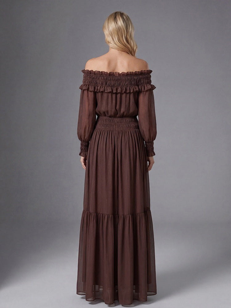Boho Off-Shoulder Maxi Dress For Women - Brown Smocked Waist Ruffle Chiffon Tiered Long Sleeve Gown - Beach Date Night 2026