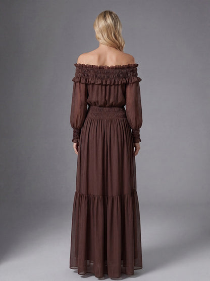 Boho Off-Shoulder Maxi Dress For Women - Brown Smocked Waist Ruffle Chiffon Tiered Long Sleeve Gown - Beach Date Night 2026