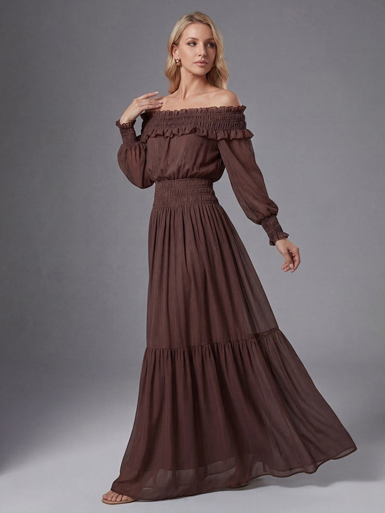 Boho Off-Shoulder Maxi Dress For Women - Brown Smocked Waist Ruffle Chiffon Tiered Long Sleeve Gown - Beach Date Night 2026