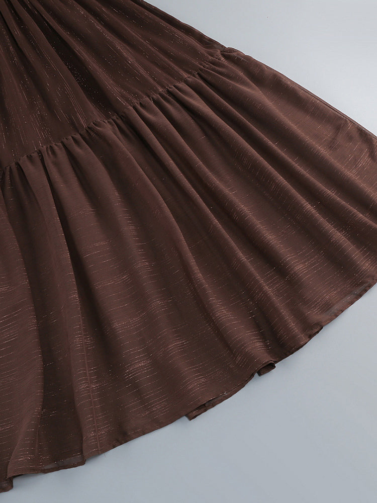 Boho Off-Shoulder Maxi Dress For Women - Brown Smocked Waist Ruffle Chiffon Tiered Long Sleeve Gown - Beach Date Night 2026