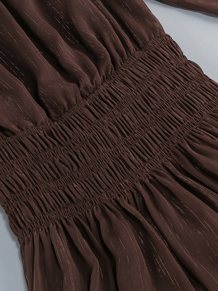 Boho Off-Shoulder Maxi Dress For Women - Brown Smocked Waist Ruffle Chiffon Tiered Long Sleeve Gown - Beach Date Night 2026