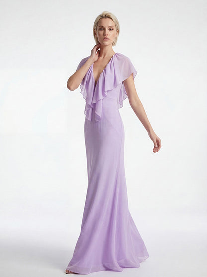 Elegant Ruffle V-Neck Chiffon Maxi Dress For Women - Lavender Boho Backless Flowy A-Line Sun Dress - Summer Beach Wedding Guest 2026