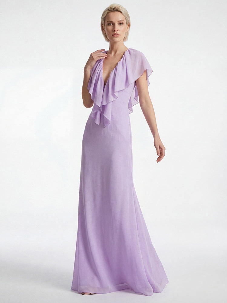 Elegant Ruffle V-Neck Chiffon Maxi Dress For Women - Lavender Boho Backless Flowy A-Line Sun Dress - Summer Beach Wedding Guest 2026