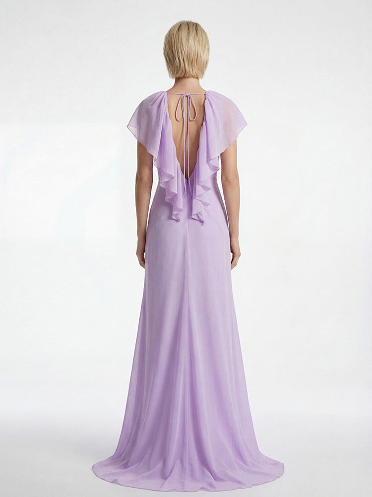 Elegant Ruffle V-Neck Chiffon Maxi Dress For Women - Lavender Boho Backless Flowy A-Line Sun Dress - Summer Beach Wedding Guest 2026