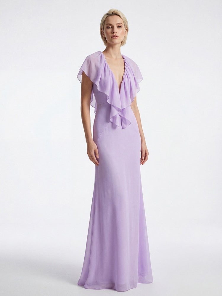 Elegant Ruffle V-Neck Chiffon Maxi Dress For Women - Lavender Boho Backless Flowy A-Line Sun Dress - Summer Beach Wedding Guest 2026