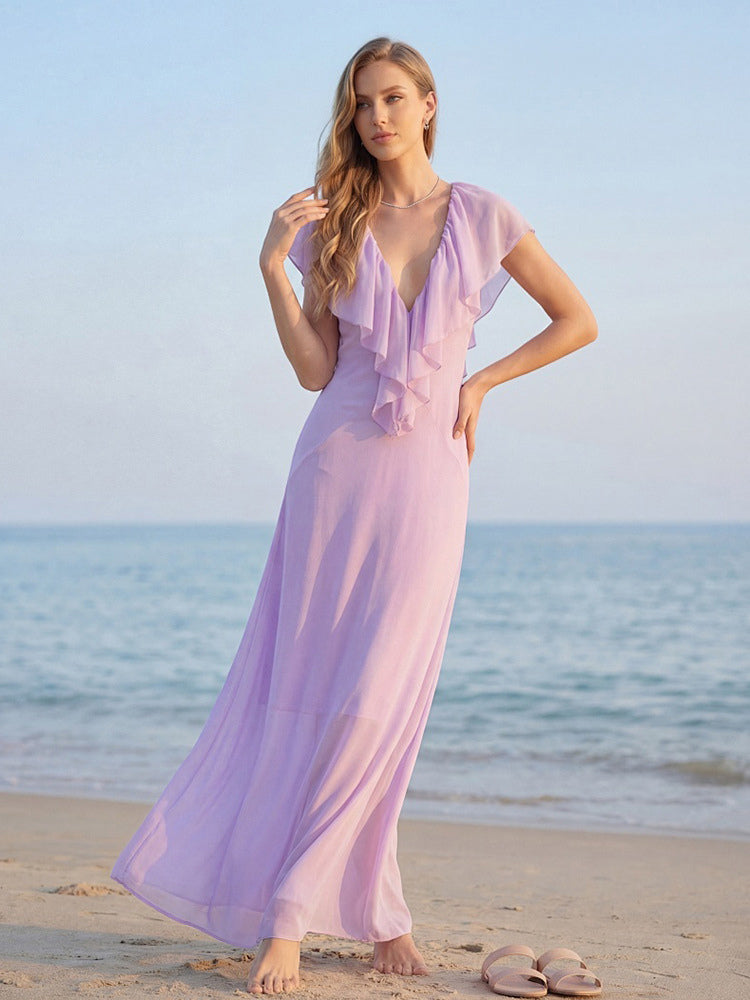 Elegant Ruffle V-Neck Chiffon Maxi Dress For Women - Lavender Boho Backless Flowy A-Line Sun Dress - Summer Beach Wedding Guest 2026