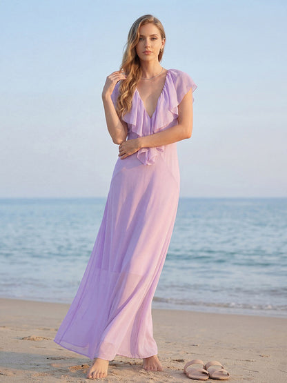 Elegant Ruffle V-Neck Chiffon Maxi Dress For Women - Lavender Boho Backless Flowy A-Line Sun Dress - Summer Beach Wedding Guest 2026