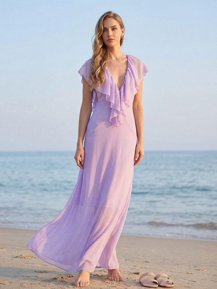 Elegant Ruffle V-Neck Chiffon Maxi Dress For Women - Lavender Boho Backless Flowy A-Line Sun Dress - Summer Beach Wedding Guest 2026