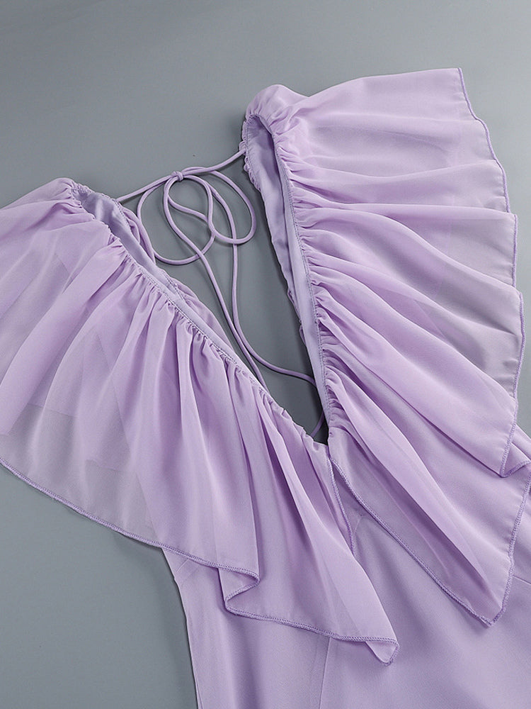 Elegant Ruffle V-Neck Chiffon Maxi Dress For Women - Lavender Boho Backless Flowy A-Line Sun Dress - Summer Beach Wedding Guest 2026