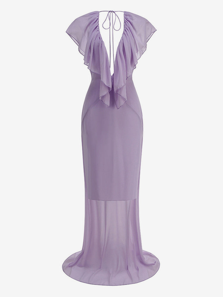Elegant Ruffle V-Neck Chiffon Maxi Dress For Women - Lavender Boho Backless Flowy A-Line Sun Dress - Summer Beach Wedding Guest 2026