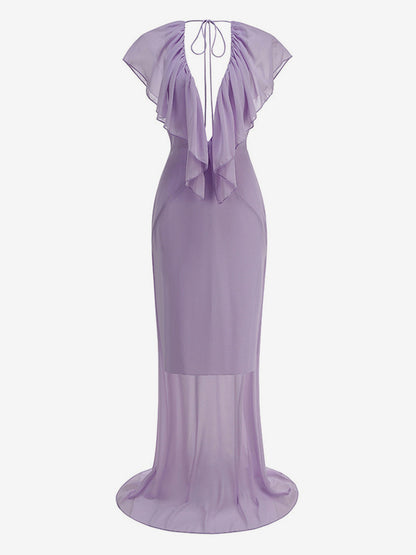 Elegant Ruffle V-Neck Chiffon Maxi Dress For Women - Lavender Boho Backless Flowy A-Line Sun Dress - Summer Beach Wedding Guest 2026