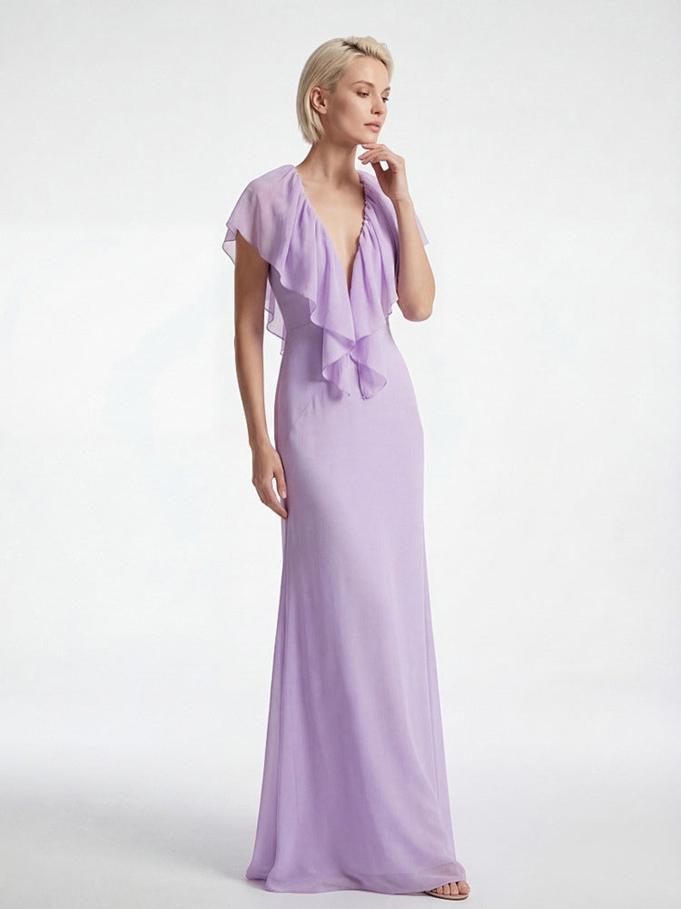 Elegant Ruffle V-Neck Chiffon Maxi Dress For Women - Lavender Boho Backless Flowy A-Line Sun Dress - Summer Beach Wedding Guest 2026