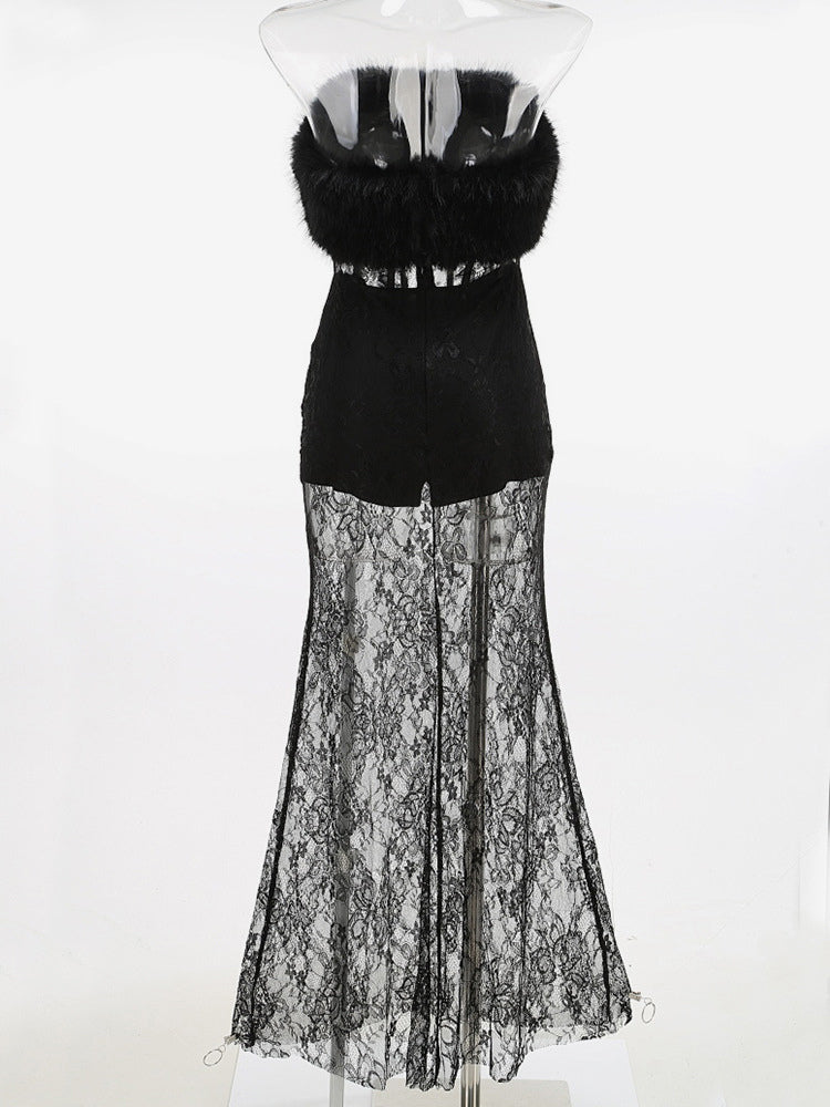 Sexy Faux Fur Lace Maxi Dress For Women - Black Strapless Corset Bodysuit Long Gown With Sheer Skirt - Summer Evening Party 2026