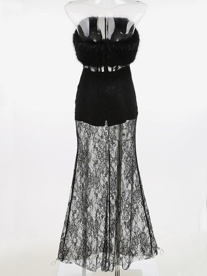 Sexy Faux Fur Lace Maxi Dress For Women - Black Strapless Corset Bodysuit Long Gown With Sheer Skirt - Summer Evening Party 2026