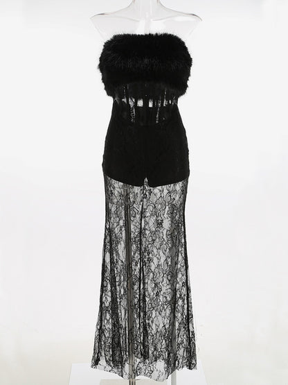 Sexy Faux Fur Lace Maxi Dress For Women - Black Strapless Corset Bodysuit Long Gown With Sheer Skirt - Summer Evening Party 2026