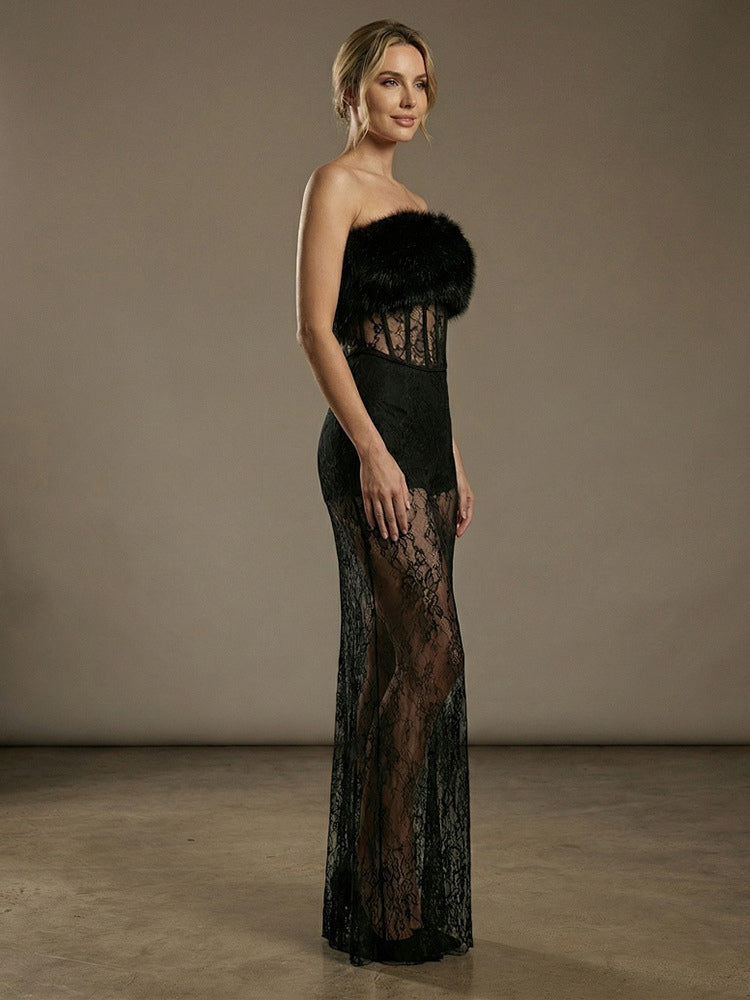 Sexy Faux Fur Lace Maxi Dress For Women - Black Strapless Corset Bodysuit Long Gown With Sheer Skirt - Summer Evening Party 2026