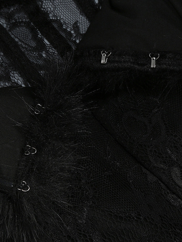 Sexy Faux Fur Lace Maxi Dress For Women - Black Strapless Corset Bodysuit Long Gown With Sheer Skirt - Summer Evening Party 2026