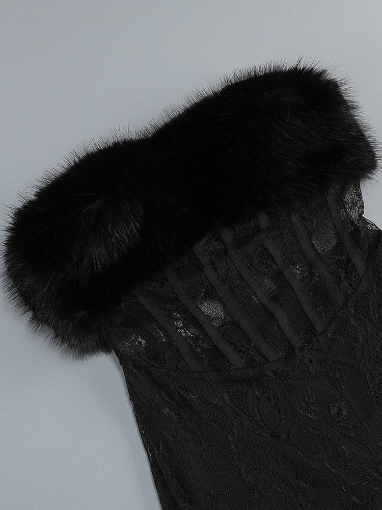 Sexy Faux Fur Lace Maxi Dress For Women - Black Strapless Corset Bodysuit Long Gown With Sheer Skirt - Summer Evening Party 2026