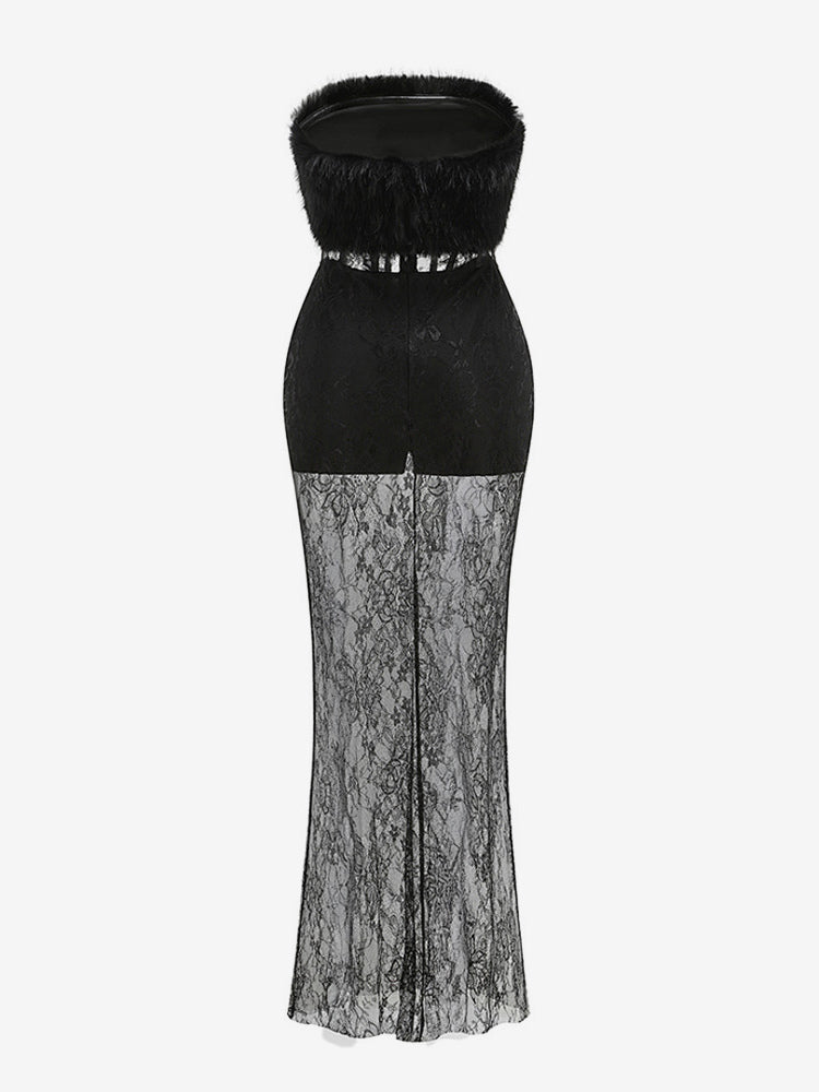 Sexy Faux Fur Lace Maxi Dress For Women - Black Strapless Corset Bodysuit Long Gown With Sheer Skirt - Summer Evening Party 2026