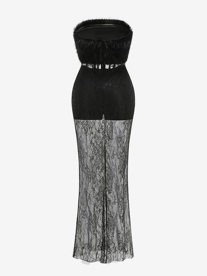 Sexy Faux Fur Lace Maxi Dress For Women - Black Strapless Corset Bodysuit Long Gown With Sheer Skirt - Summer Evening Party 2026