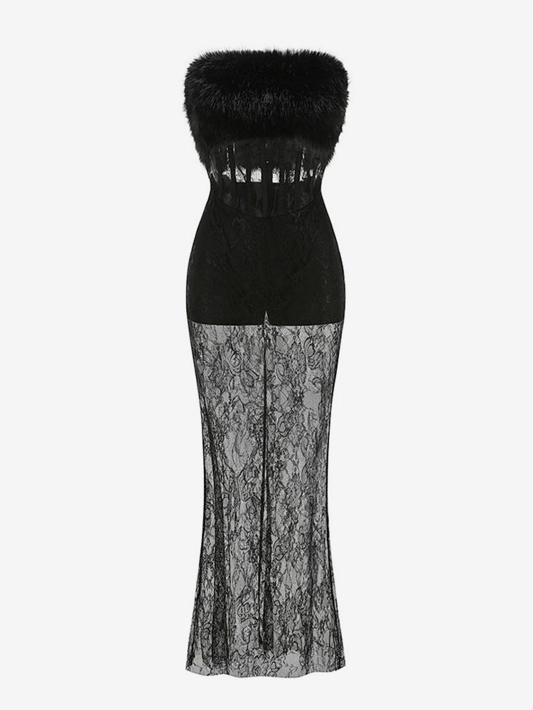 Sexy Faux Fur Lace Maxi Dress For Women - Black Strapless Corset Bodysuit Long Gown With Sheer Skirt - Summer Evening Party 2026