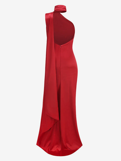 Elegant Rosette Halter Maxi Dress For Women - Silk Like Satin Backless Drape Neck Sleeveless Gown - Spring Evening Party 2026