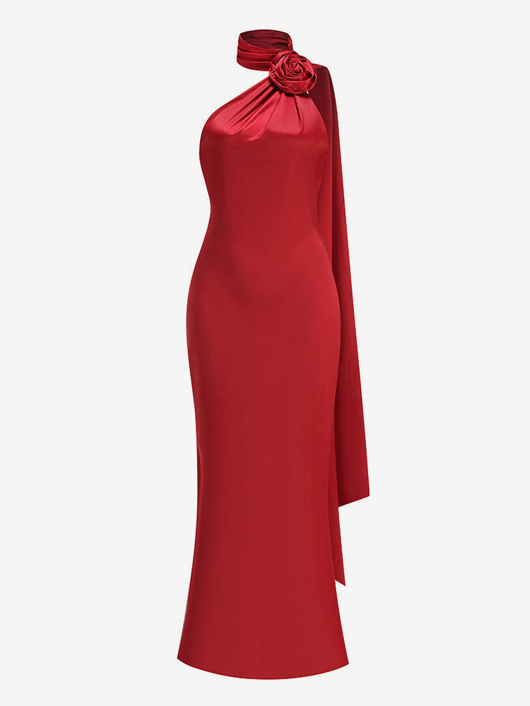 Elegant Rosette Halter Maxi Dress For Women - Silk Like Satin Backless Drape Neck Sleeveless Gown - Spring Evening Party 2026