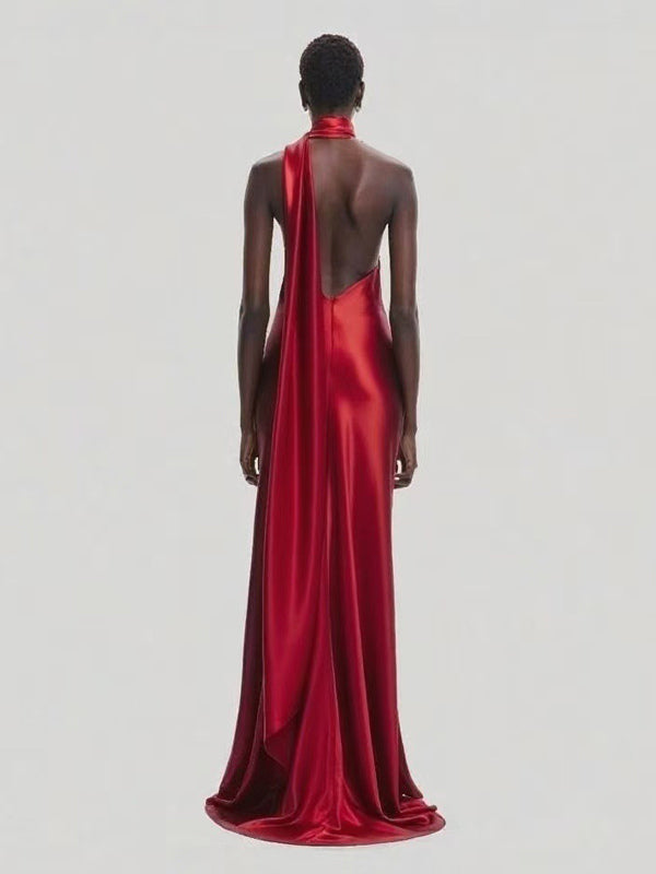 Elegant Rosette Halter Maxi Dress For Women - Silk Like Satin Backless Drape Neck Sleeveless Gown - Spring Evening Party 2026