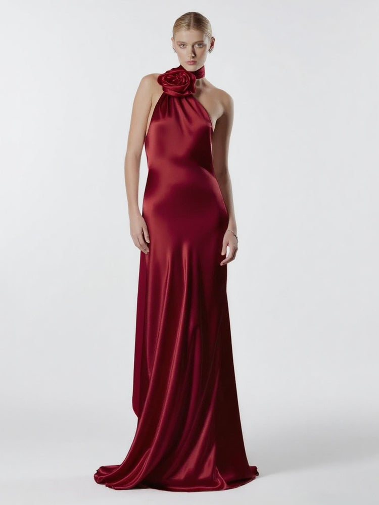 Elegant Rosette Halter Maxi Dress For Women - Silk Like Satin Backless Drape Neck Sleeveless Gown - Spring Evening Party 2026