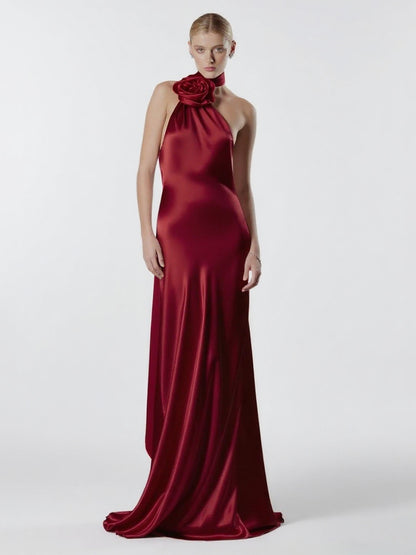 Elegant Rosette Halter Maxi Dress For Women - Silk Like Satin Backless Drape Neck Sleeveless Gown - Spring Evening Party 2026