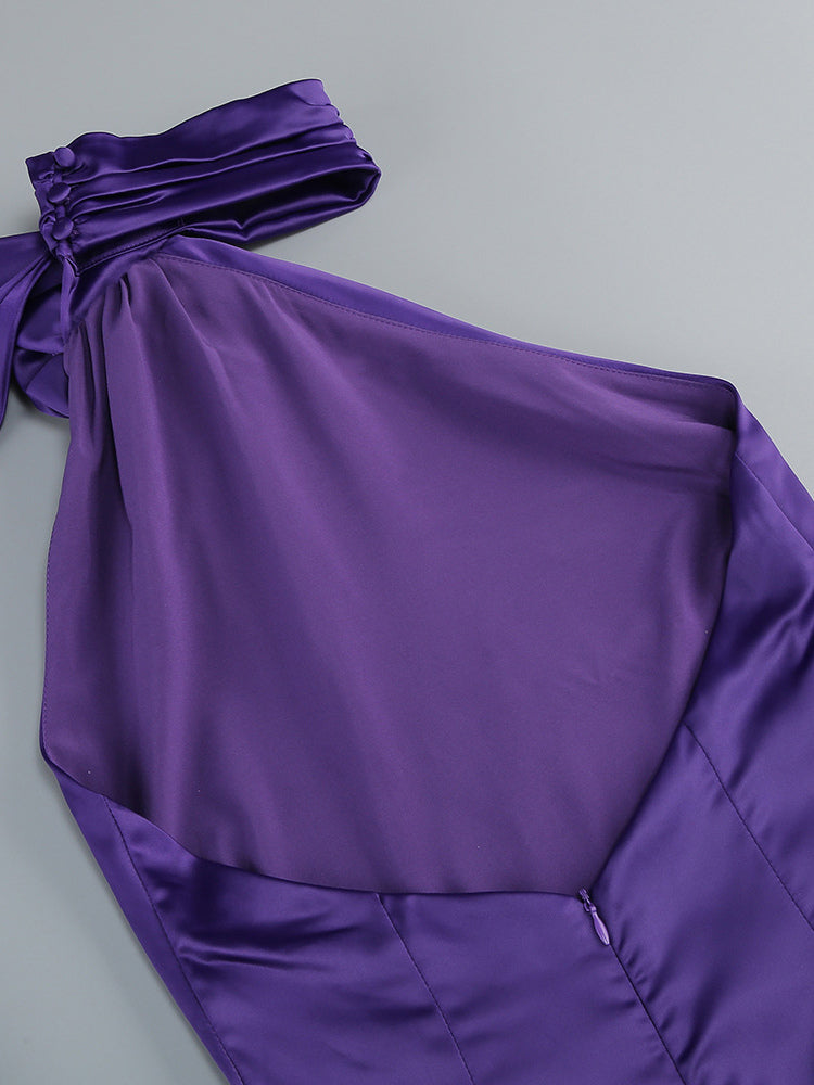 Elegant Rosette Halter Maxi Dress For Women - Silk Like Satin Backless Drape Neck Sleeveless Gown - Spring Evening Party 2026