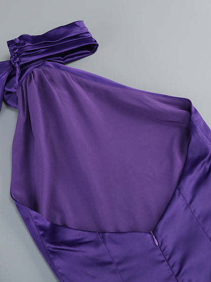 Elegant Rosette Halter Maxi Dress For Women - Silk Like Satin Backless Drape Neck Sleeveless Gown - Spring Evening Party 2026