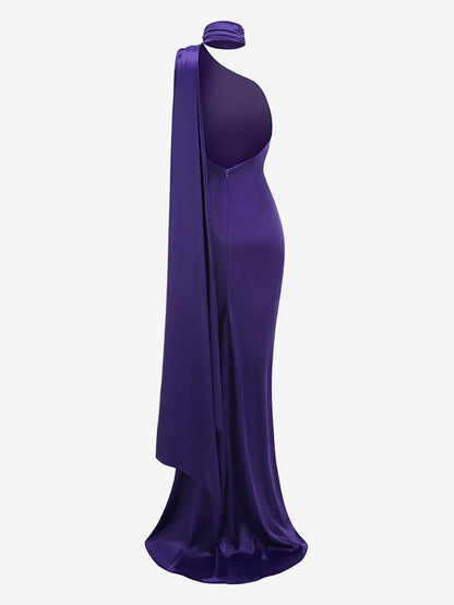Elegant Rosette Halter Maxi Dress For Women - Silk Like Satin Backless Drape Neck Sleeveless Gown - Spring Evening Party 2026