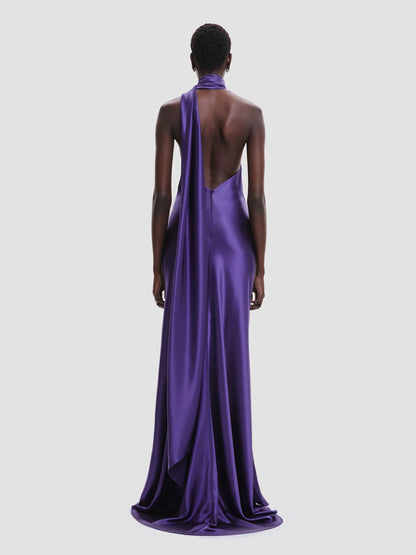 Elegant Rosette Halter Maxi Dress For Women - Silk Like Satin Backless Drape Neck Sleeveless Gown - Spring Evening Party 2026