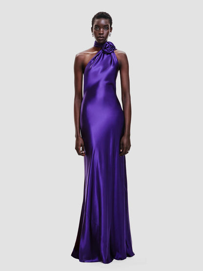 Elegant Rosette Halter Maxi Dress For Women - Silk Like Satin Backless Drape Neck Sleeveless Gown - Spring Evening Party 2026
