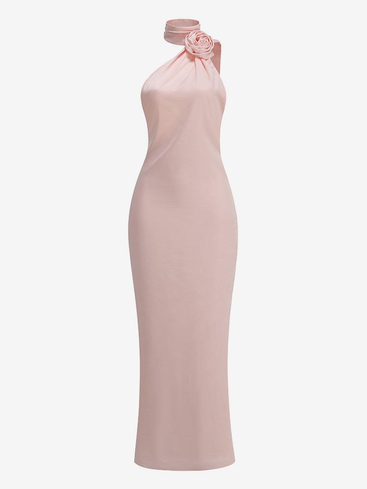 Elegant Rosette Halter Maxi Dress For Women - Silk Like Satin Backless Drape Neck Sleeveless Gown - Spring Evening Party 2026