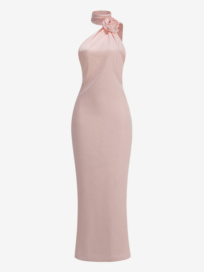 Elegant Rosette Halter Maxi Dress For Women - Silk Like Satin Backless Drape Neck Sleeveless Gown - Spring Evening Party 2026