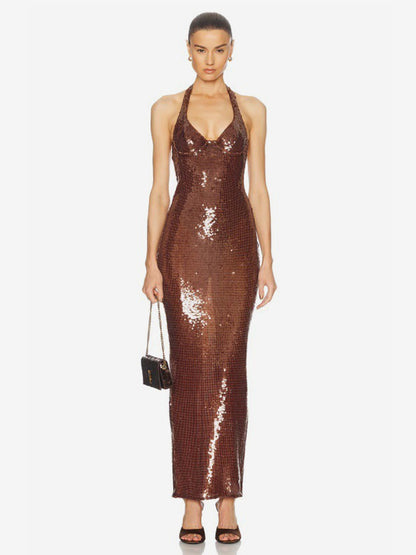 Sparkly Sequin Maxi Formal Dress For Women - Brown Halter Backless Bodycon Slim Long Gown - Summer Gala Night Out Party 2026