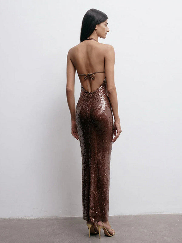 Sparkly Sequin Maxi Formal Dress For Women - Brown Halter Backless Bodycon Slim Long Gown - Summer Gala Night Out Party 2026
