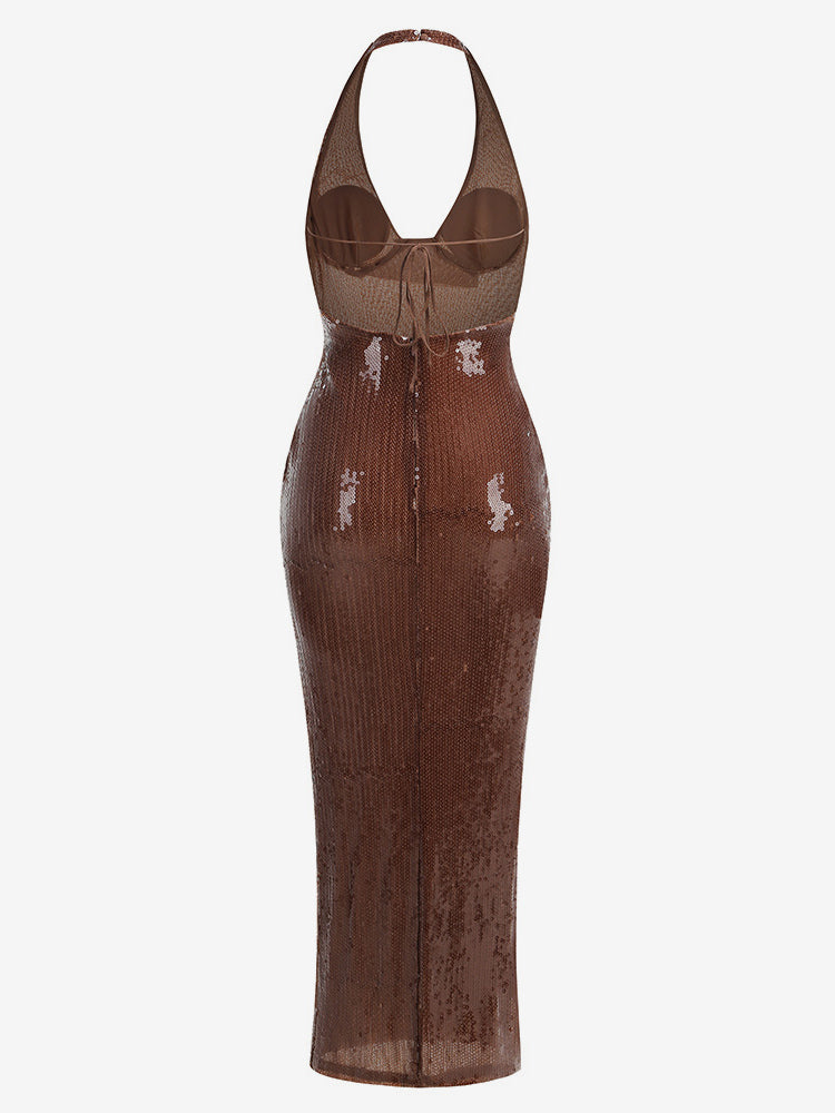 Sparkly Sequin Maxi Formal Dress For Women - Brown Halter Backless Bodycon Slim Long Gown - Summer Gala Night Out Party 2026
