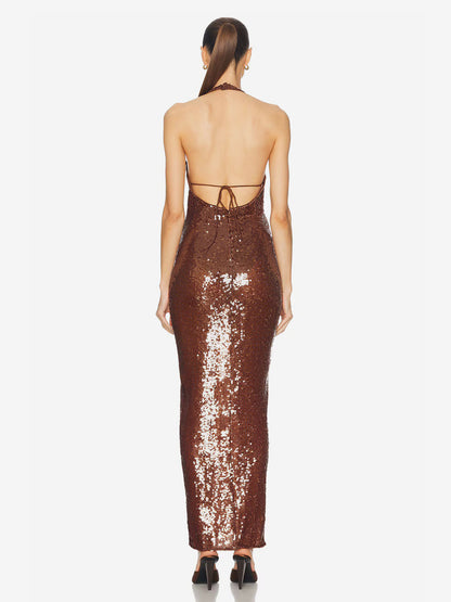 Sparkly Sequin Maxi Formal Dress For Women - Brown Halter Backless Bodycon Slim Long Gown - Summer Gala Night Out Party 2026