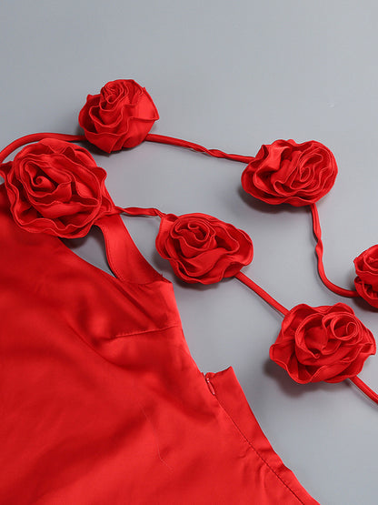 Elegant Rosette Maxi Evening Dress For Women - Red Satin Backless Bodycon Long Gown With 3D Flowers - Summer Prom Party 2026
