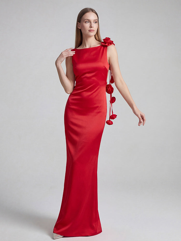Elegant Rosette Maxi Evening Dress For Women - Red Satin Backless Bodycon Long Gown With 3D Flowers - Summer Prom Party 2026