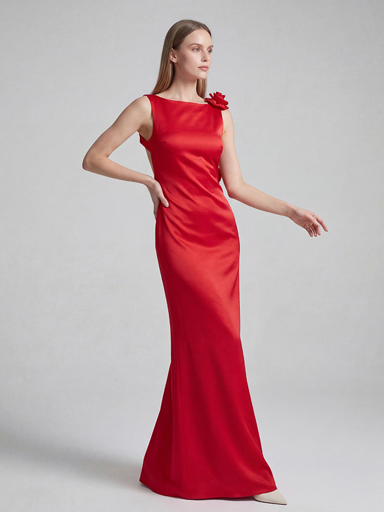 Elegant Rosette Maxi Evening Dress For Women - Red Satin Backless Bodycon Long Gown With 3D Flowers - Summer Prom Party 2026
