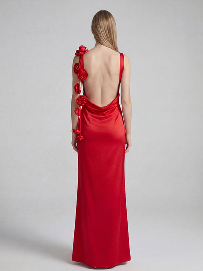 Elegant Rosette Maxi Evening Dress For Women - Red Satin Backless Bodycon Long Gown With 3D Flowers - Summer Prom Party 2026