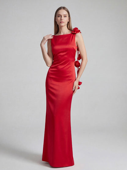 Elegant Rosette Maxi Evening Dress For Women - Red Satin Backless Bodycon Long Gown With 3D Flowers - Summer Prom Party 2026