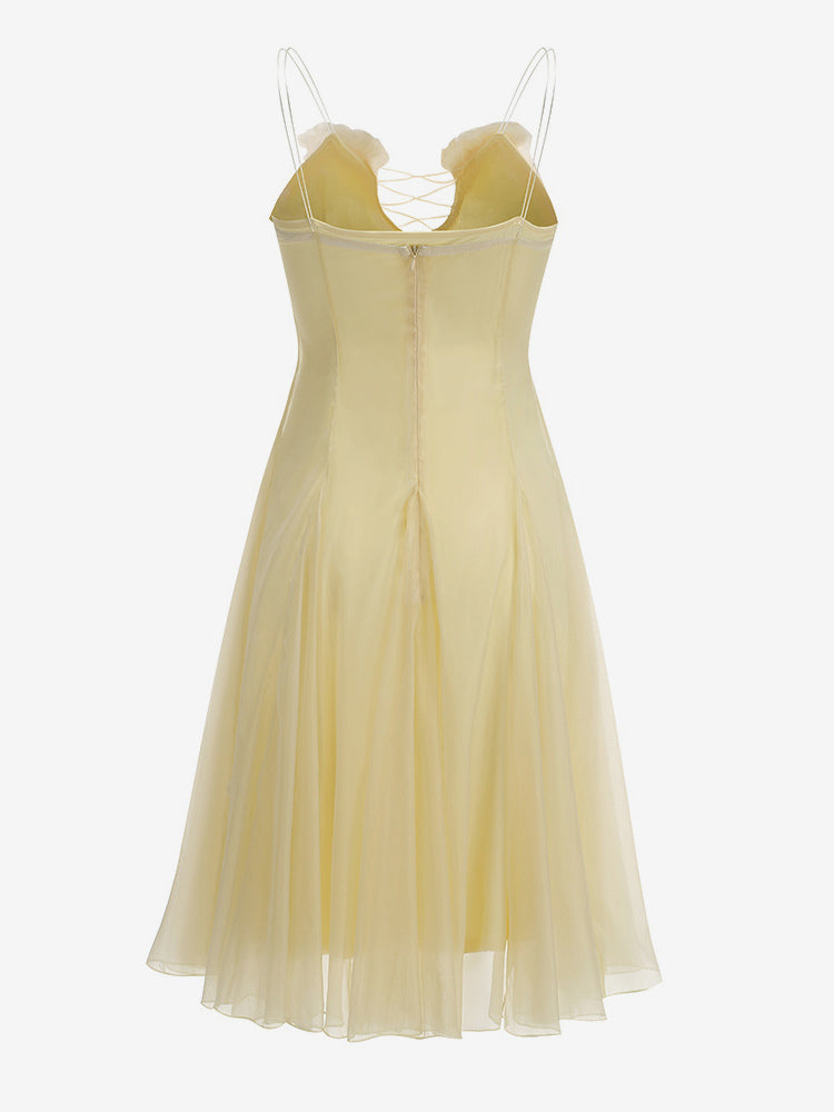 3D Floral A-Line Sheer Midi Dress For Women - Butter Yellow Fairycore V-Neck Slip Dress - Summer Beach Date Night 2026