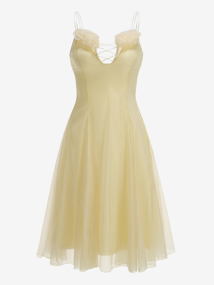 3D Floral A-Line Sheer Midi Dress For Women - Butter Yellow Fairycore V-Neck Slip Dress - Summer Beach Date Night 2026